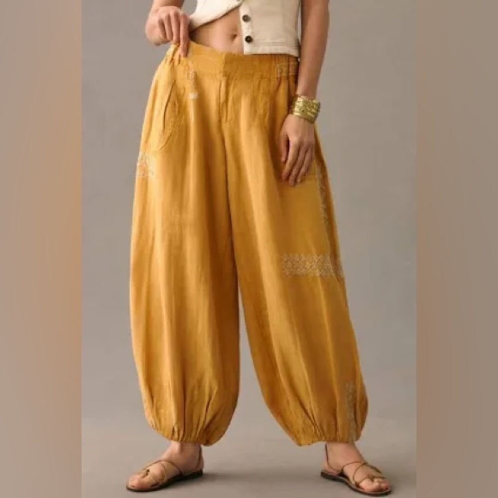 By Anthropologie Embroidered Parachute Pants Linen Blend Boho Mango Mojito XS